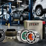 JTEKT wheel hub unit and automotive bearings displayed in a professional vehicle workshop.