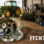 JTEKT Koyo sealed agricultural bearings and housing units displayed in a farm workshop with a tractor and agricultural equipment in the background